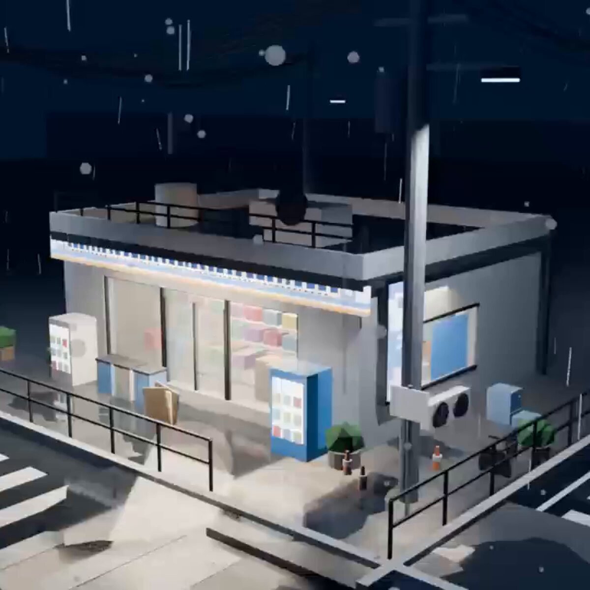 Comparison of rainy night convenience store 3D scene
