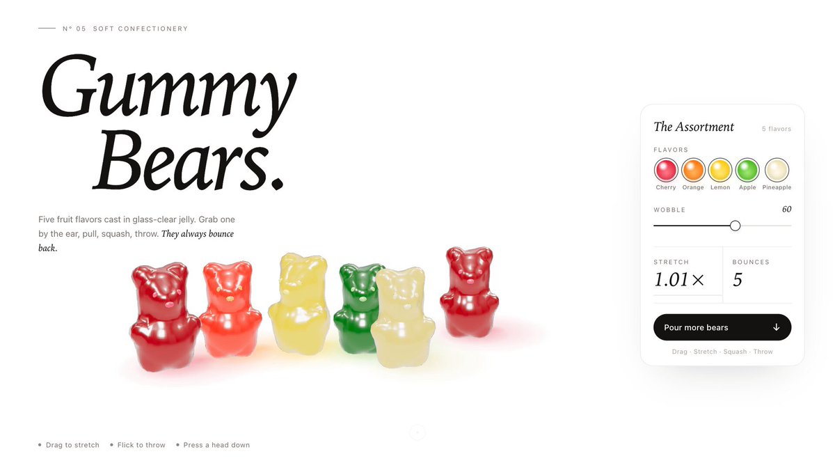Interactive gummy bear 3D physics comparison