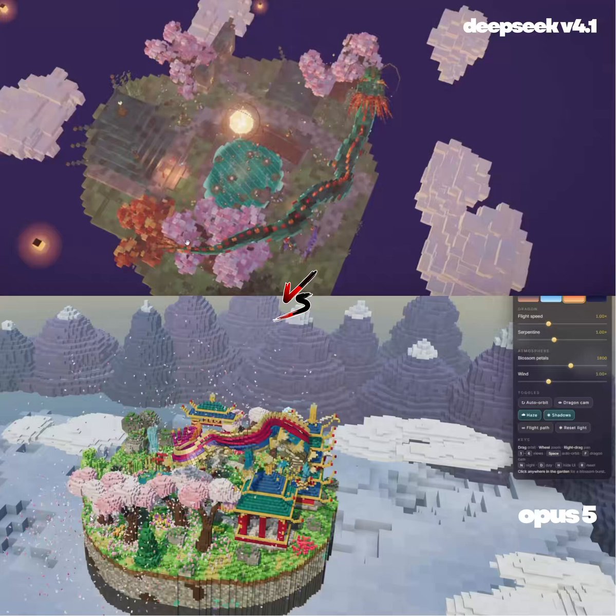 Opus 5 vs DeepSeek Voxel Art Comparison