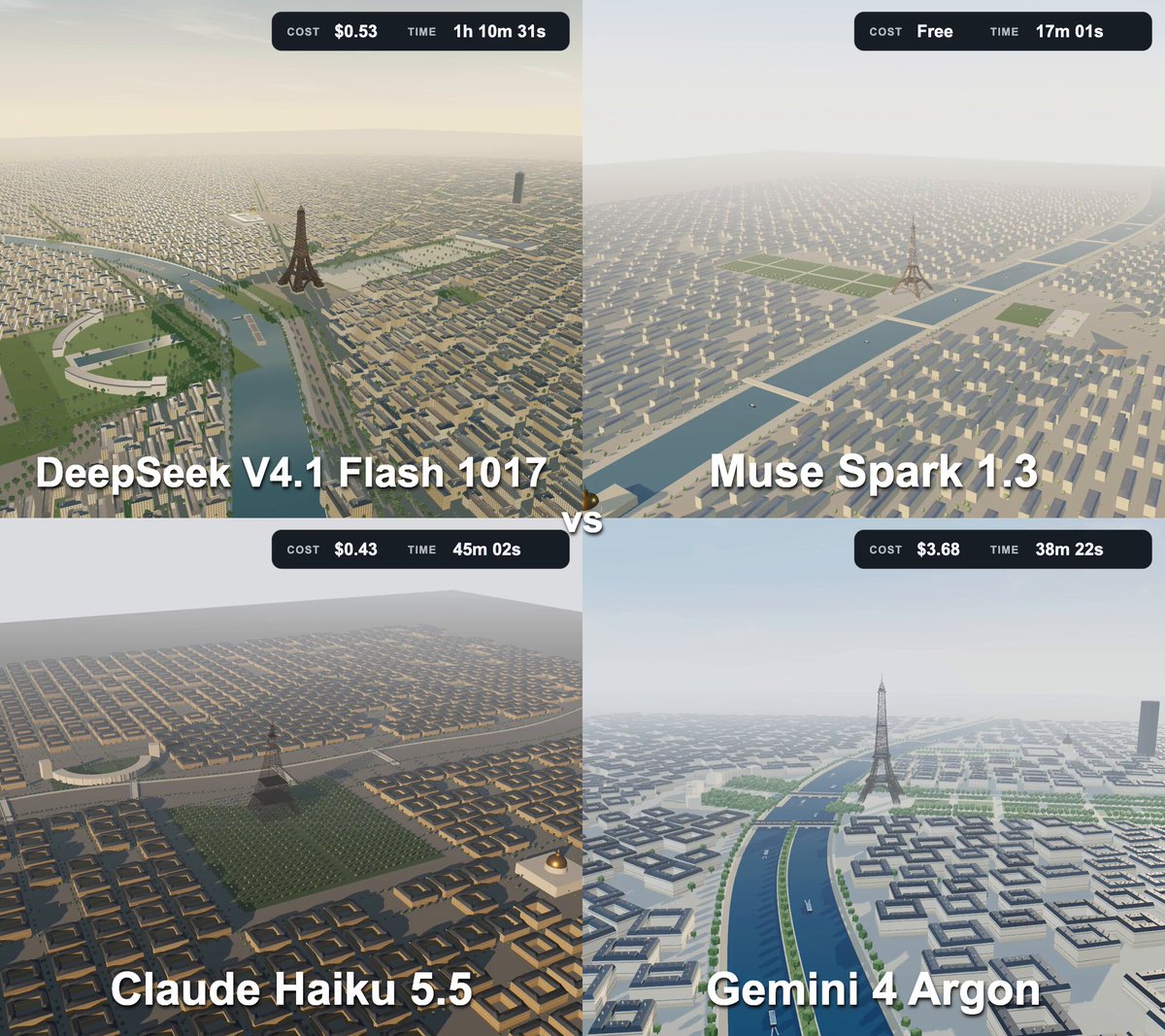 Four AI models generating the Eiffel Tower