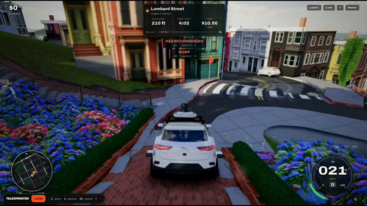 Waymo car driving down Lombard Street in Three.js