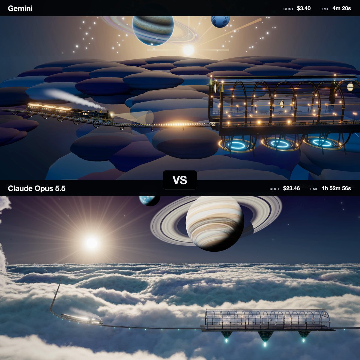 Space train comparison between Gemini 4 and Opus