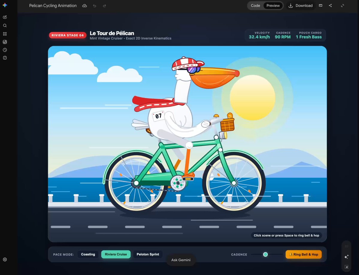 SVG animation of a pelican riding a bicycle