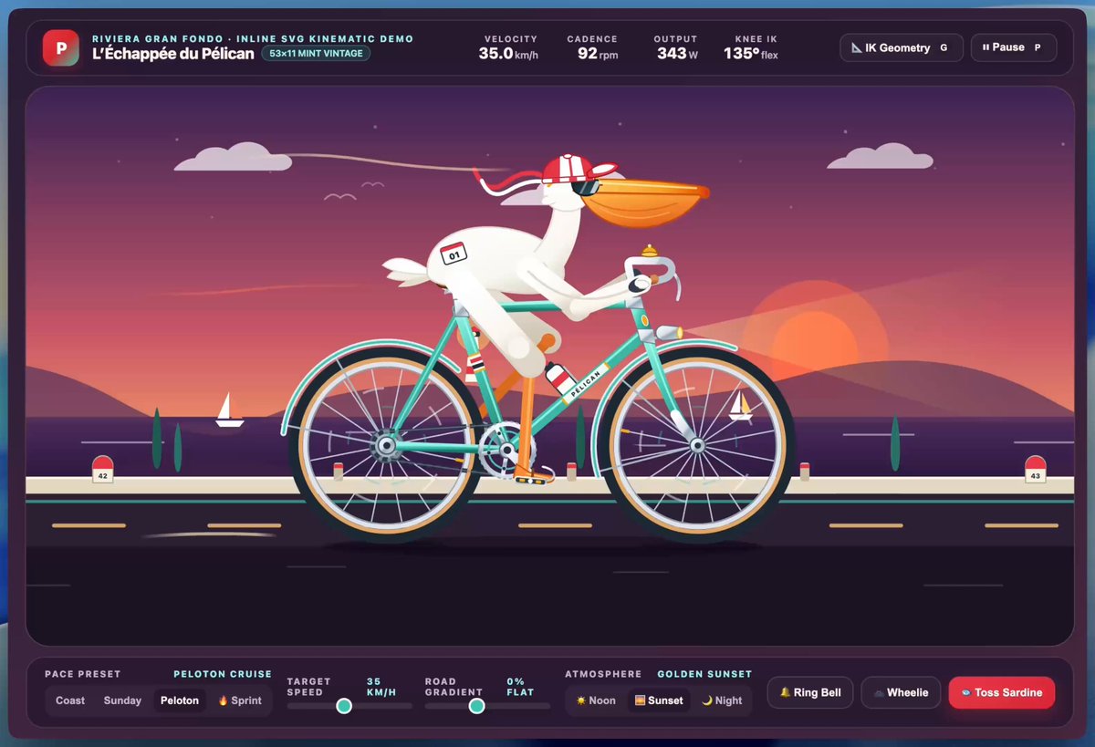 Interactive Pelican Riding a Bicycle Frontend Demo