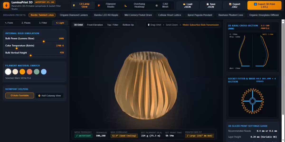 Parametric 3D printable lampshade CAD studio