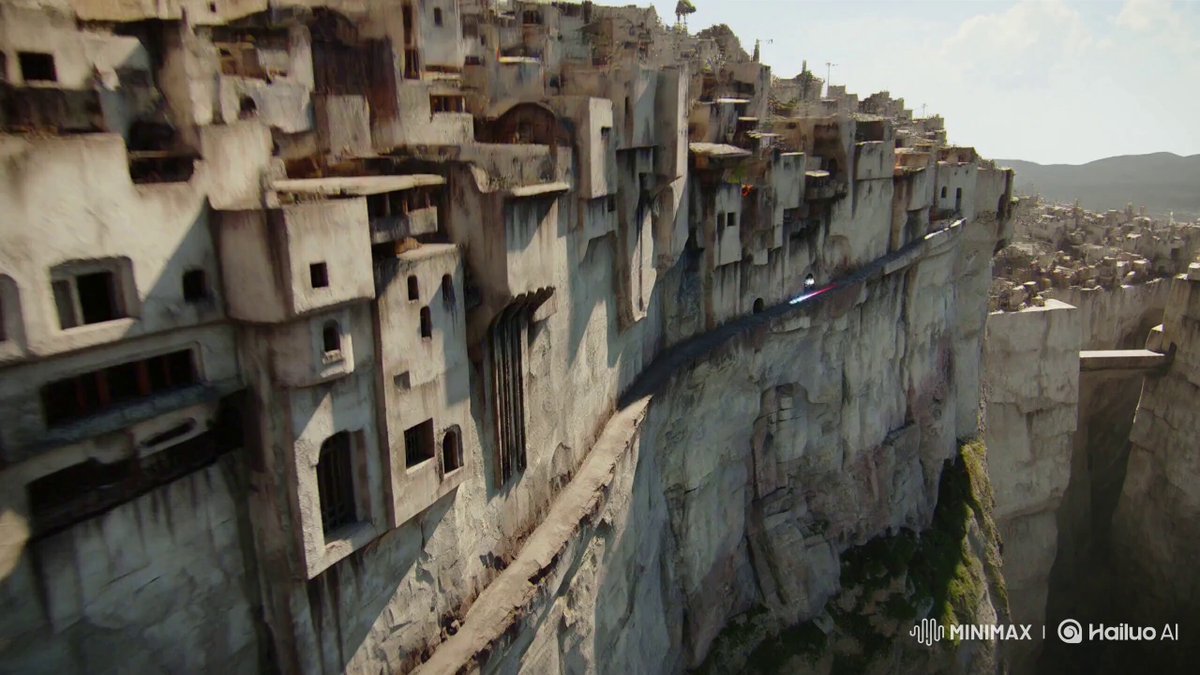 Speeder chase across a cliff city