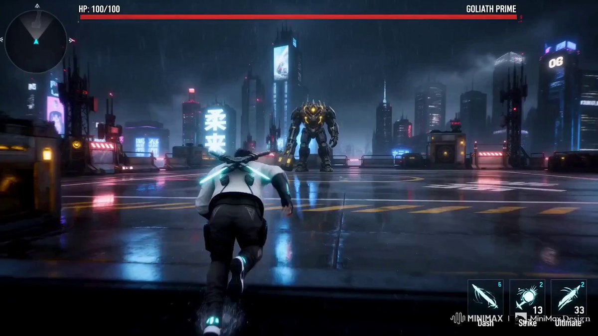 Third-person boss battle with game HUD
