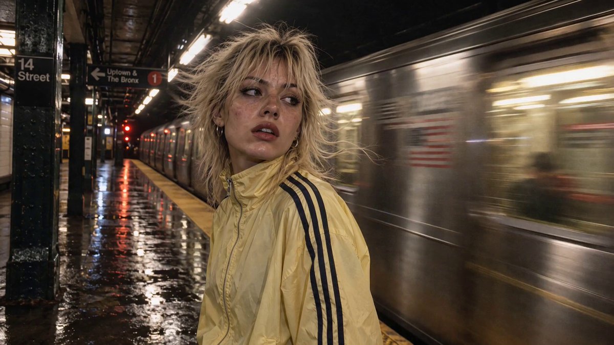 A woman standing still as a train passes