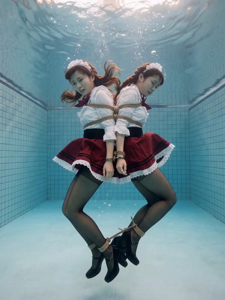 Characters tied back to back underwater