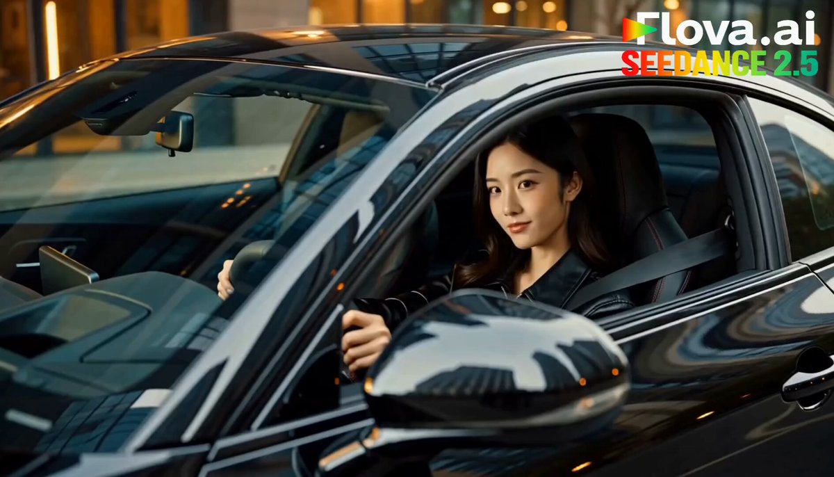 Luxury sports sedan driving through city at dusk