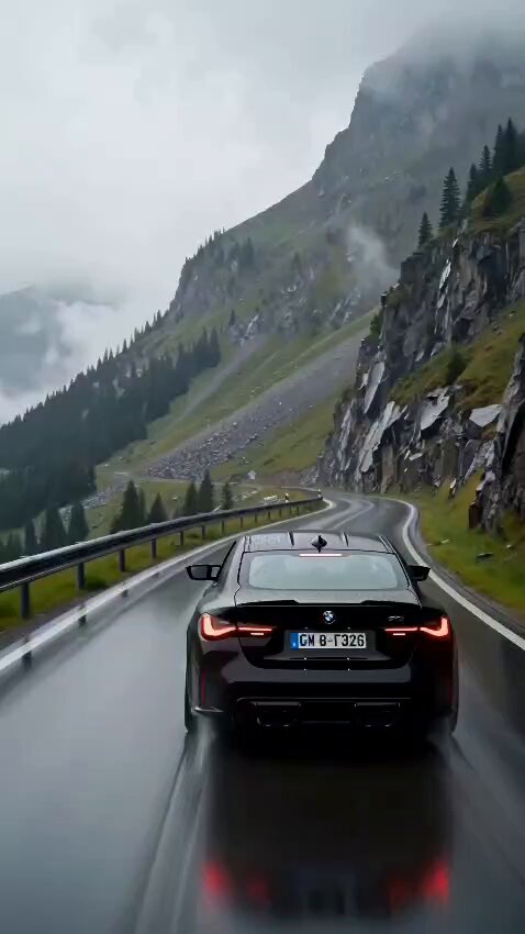 Mountain driving scene in heavy rain and landslide