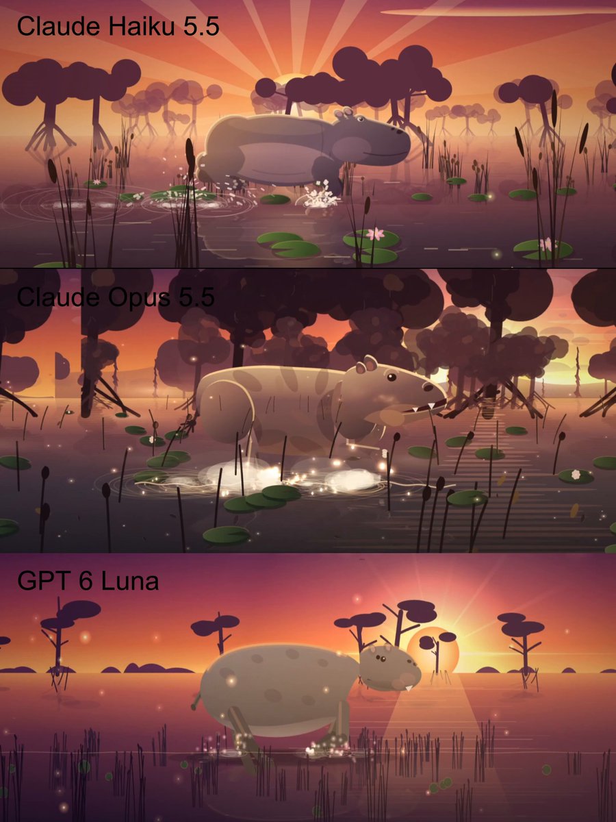 A hippo running through a swamp at sunset