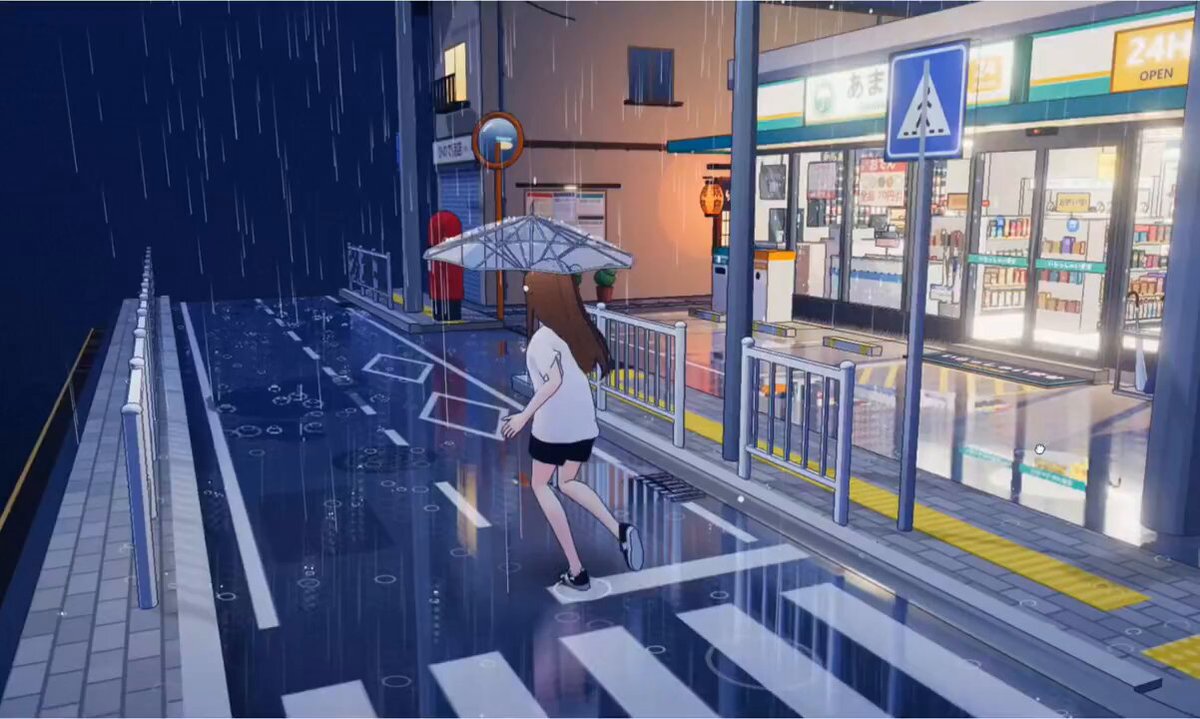 Rainy night convenience store game in Three.js