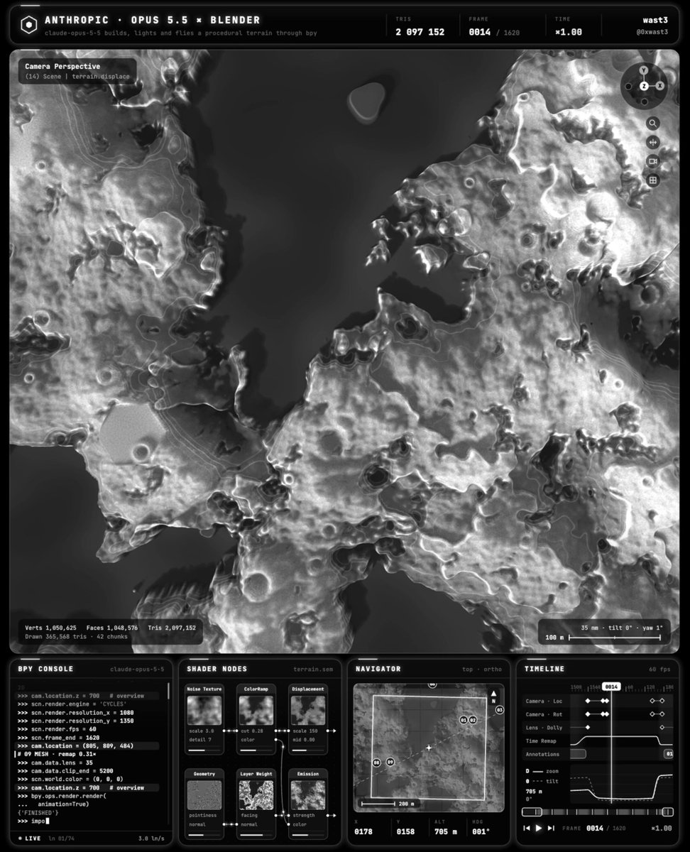 Lunar elevation model and shadow simulation in Blender