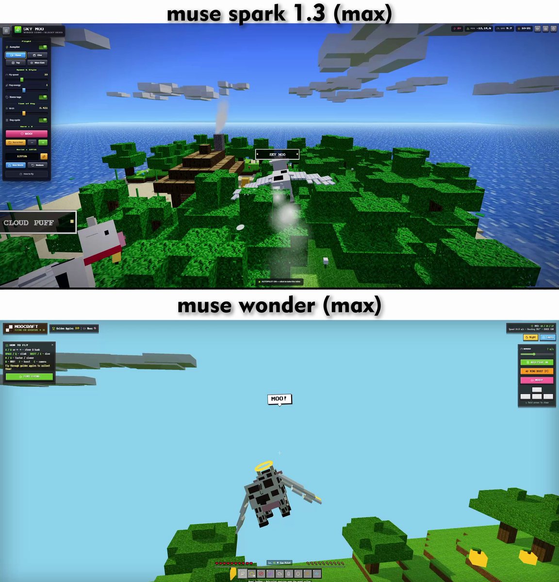 Winged cow flying in a Minecraft world in Three.js
