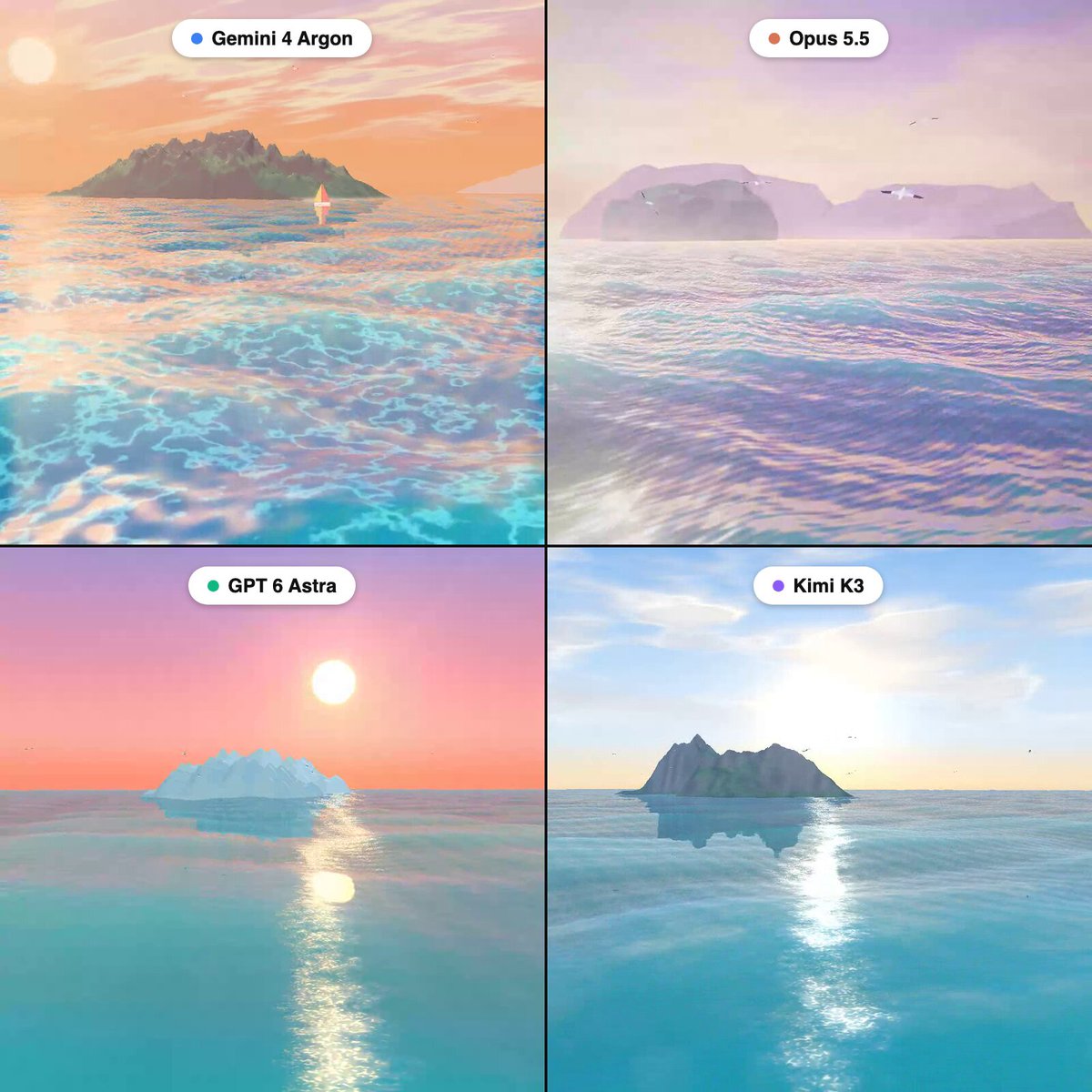 Comparing 3D whale breaching scenes across models