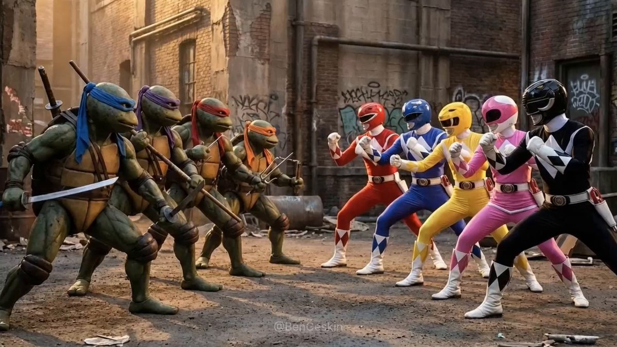 Ninja Turtles versus Power Rangers fight