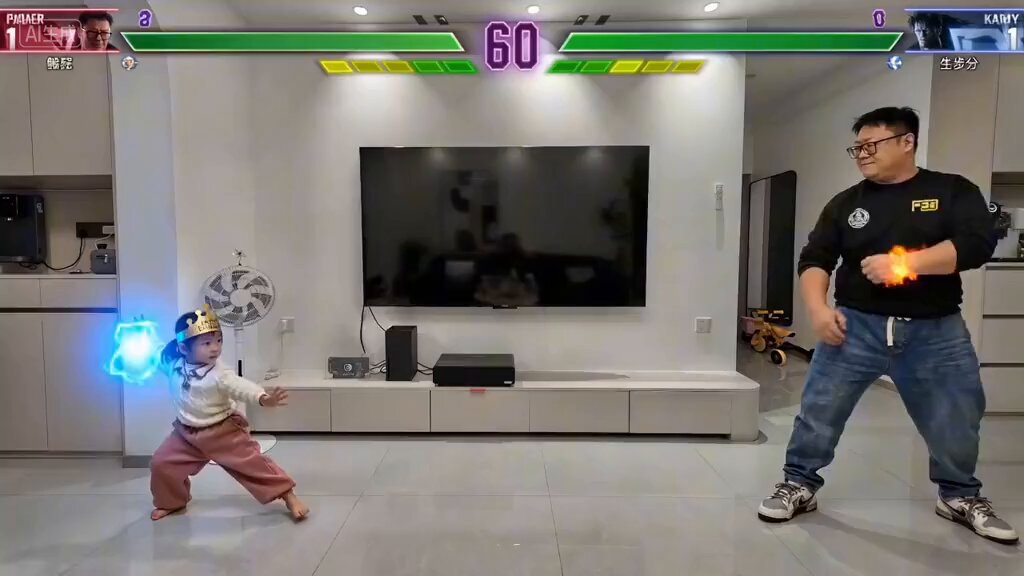 Father and daughter video game style fight