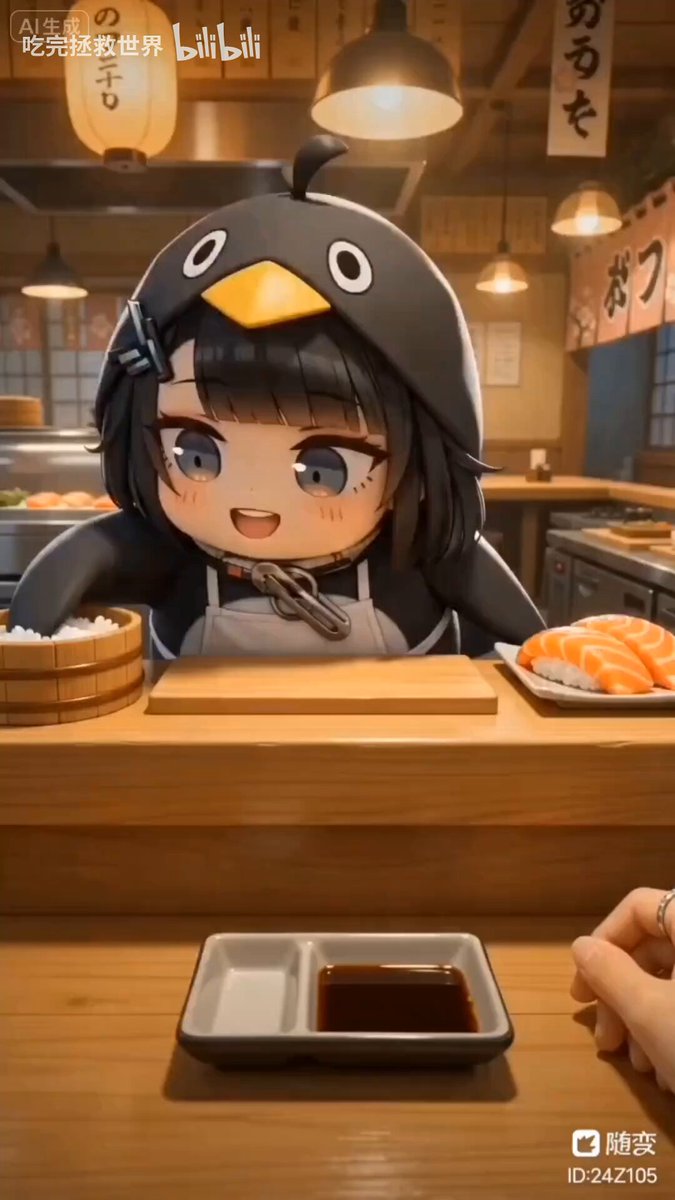 Little penguin working as a sushi chef