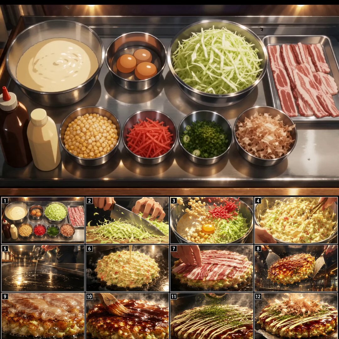 Anime okonomiyaki cooking video