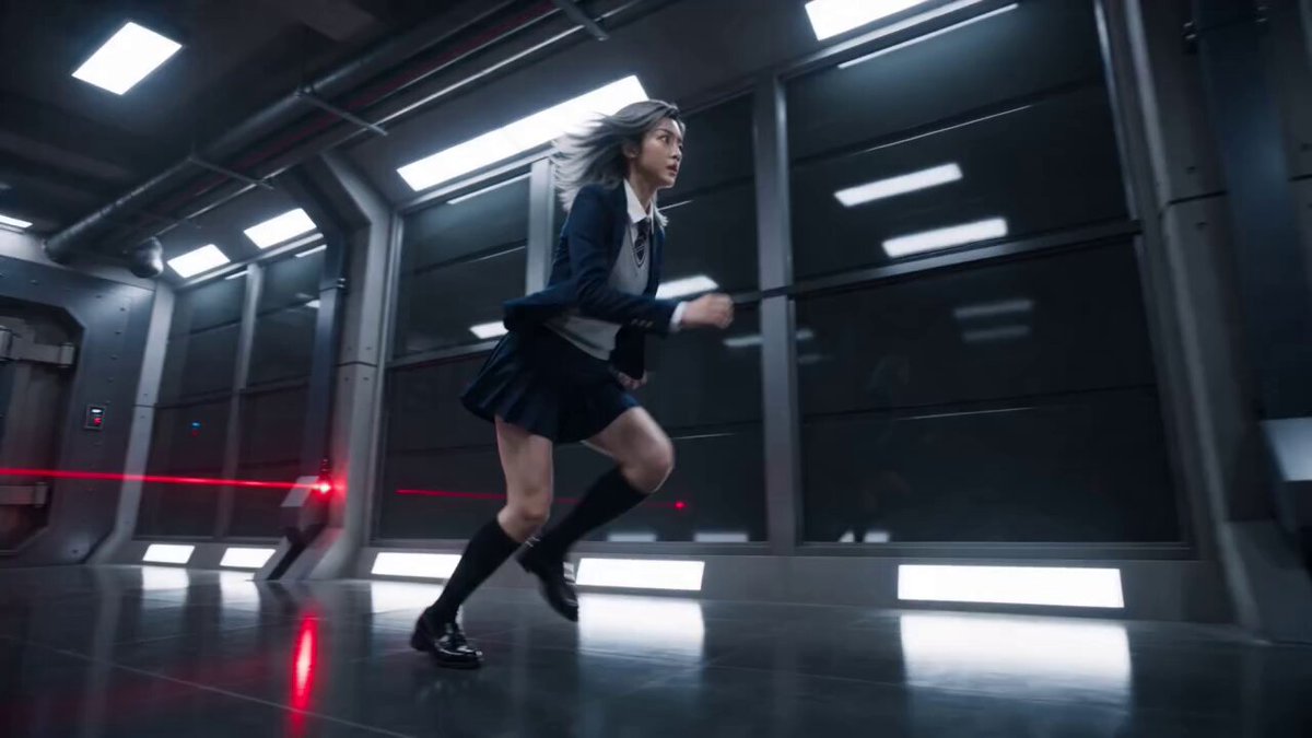 Action sequence dodging lasers in sci-fi corridor