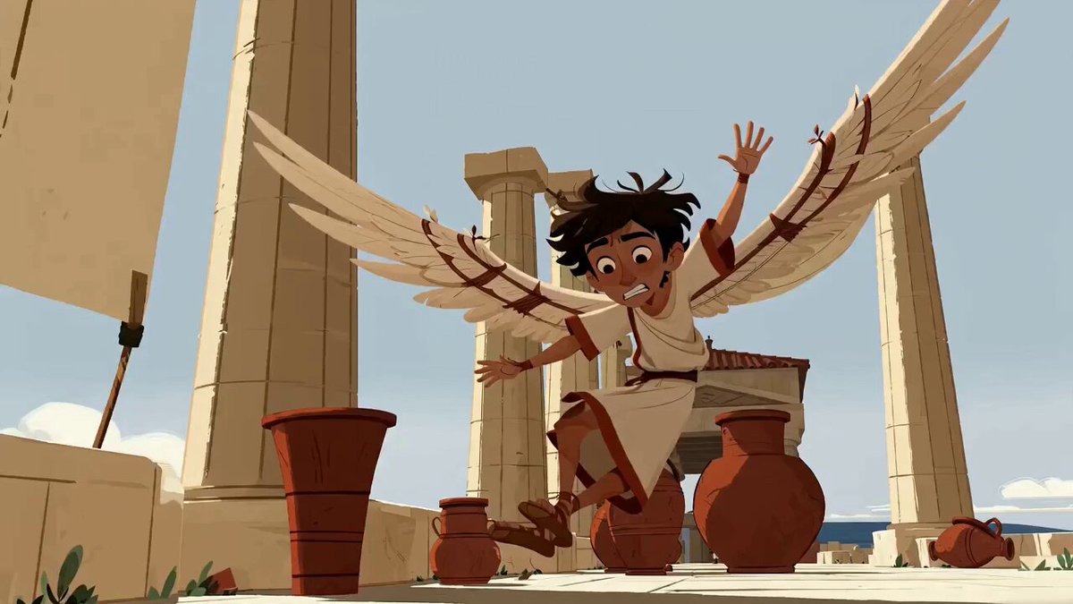 Icarus learning to fly in Mediterranean storybook style
