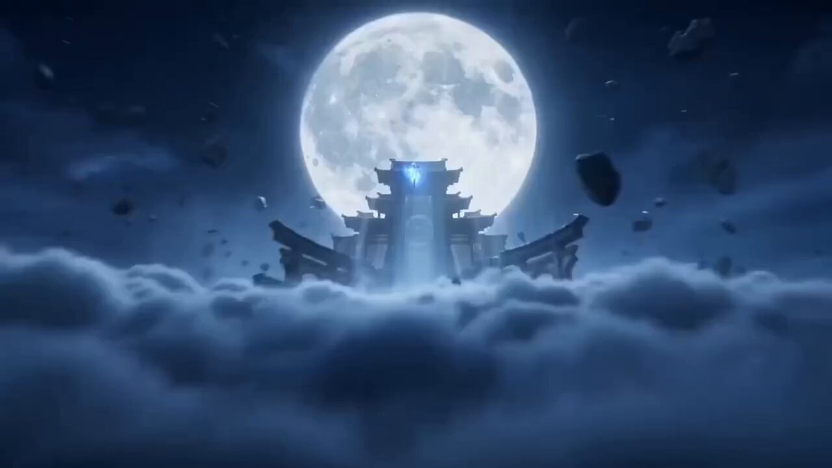 Warrior facing a giant demon in moonlit ruins