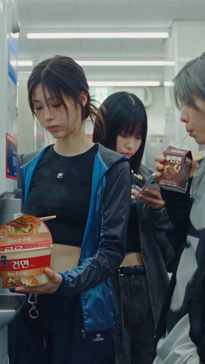 Korean girls eating ramen at a convenience store