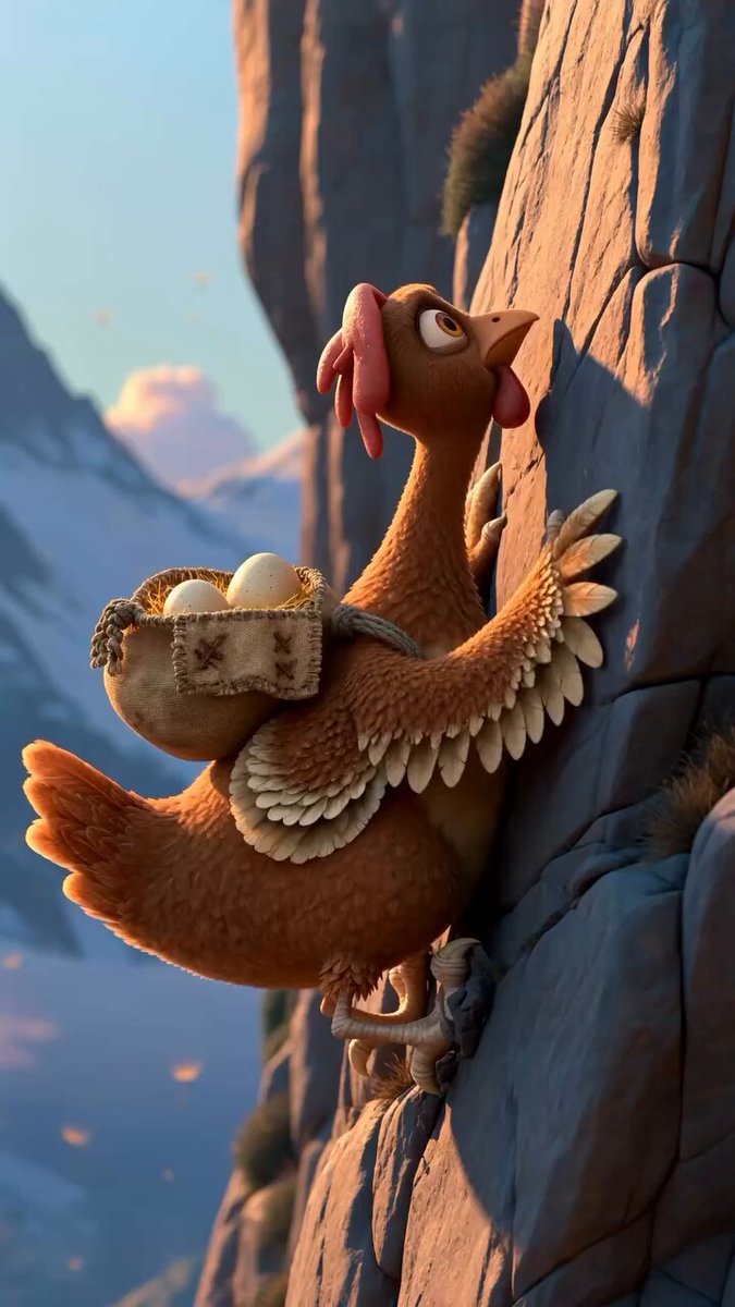 Mother bird chasing a falling egg on cliff