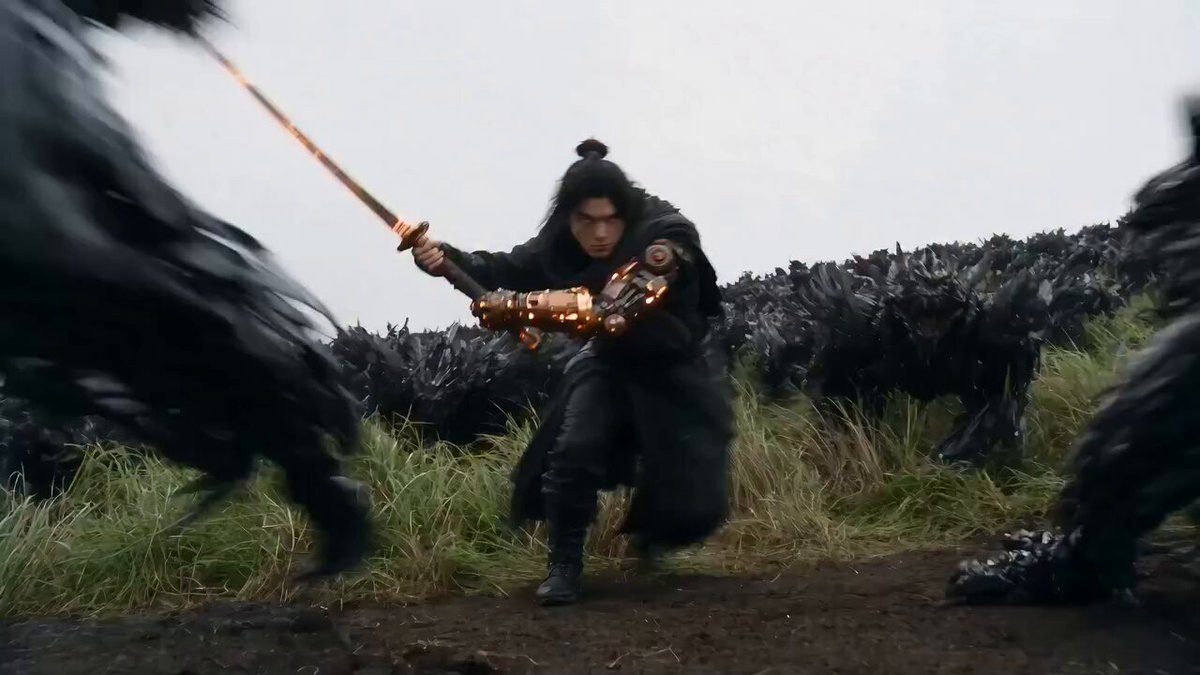 Dark fantasy wuxia warrior battling shadow beasts