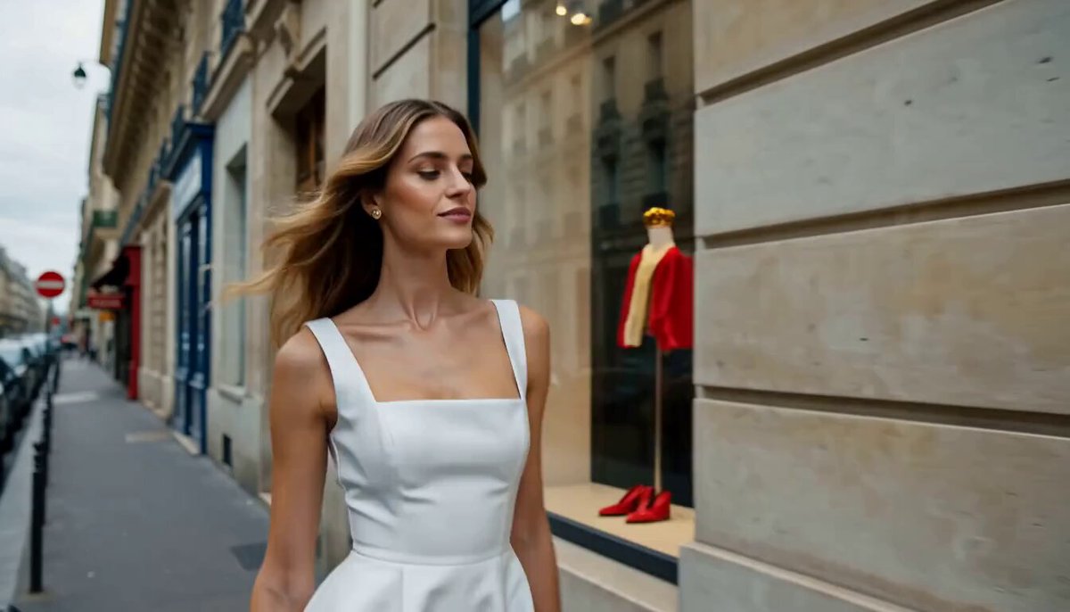 Woman strolling Parisian boutique street in fashion film