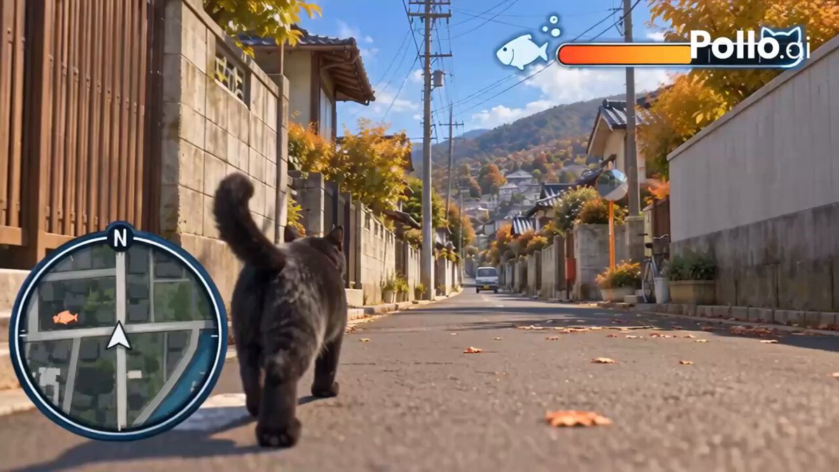 A black cat walks through a retro town