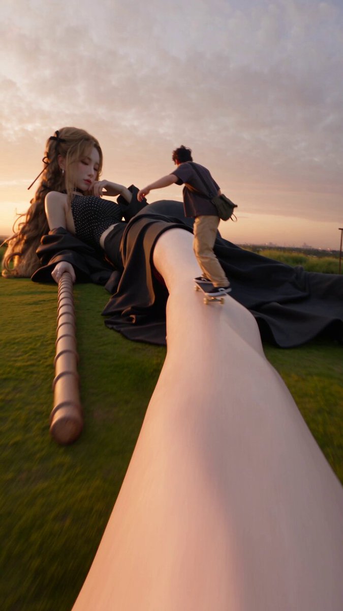 Giant woman resting across grassy landscape