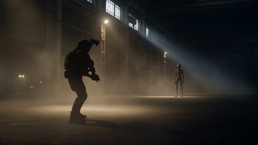 Sci-fi battle between soldier and alien
