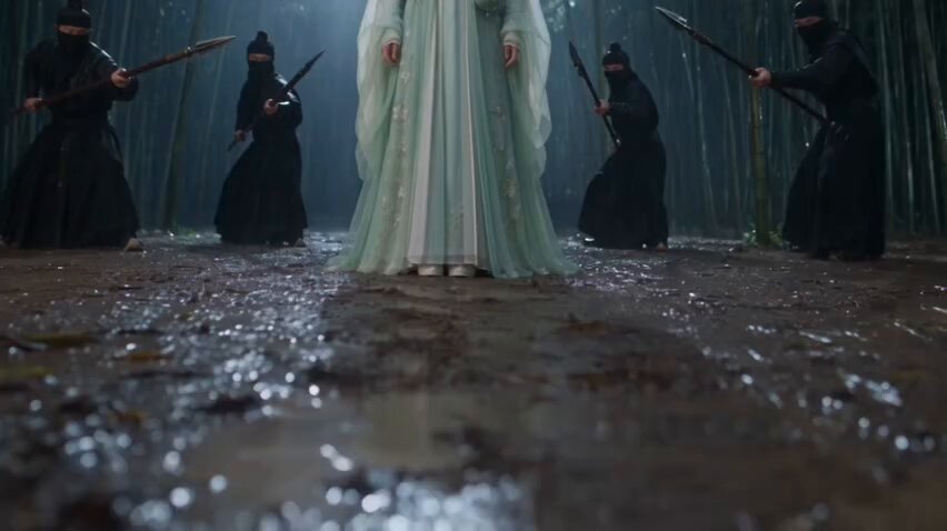 Chinese Wuxia action scene in bamboo forest