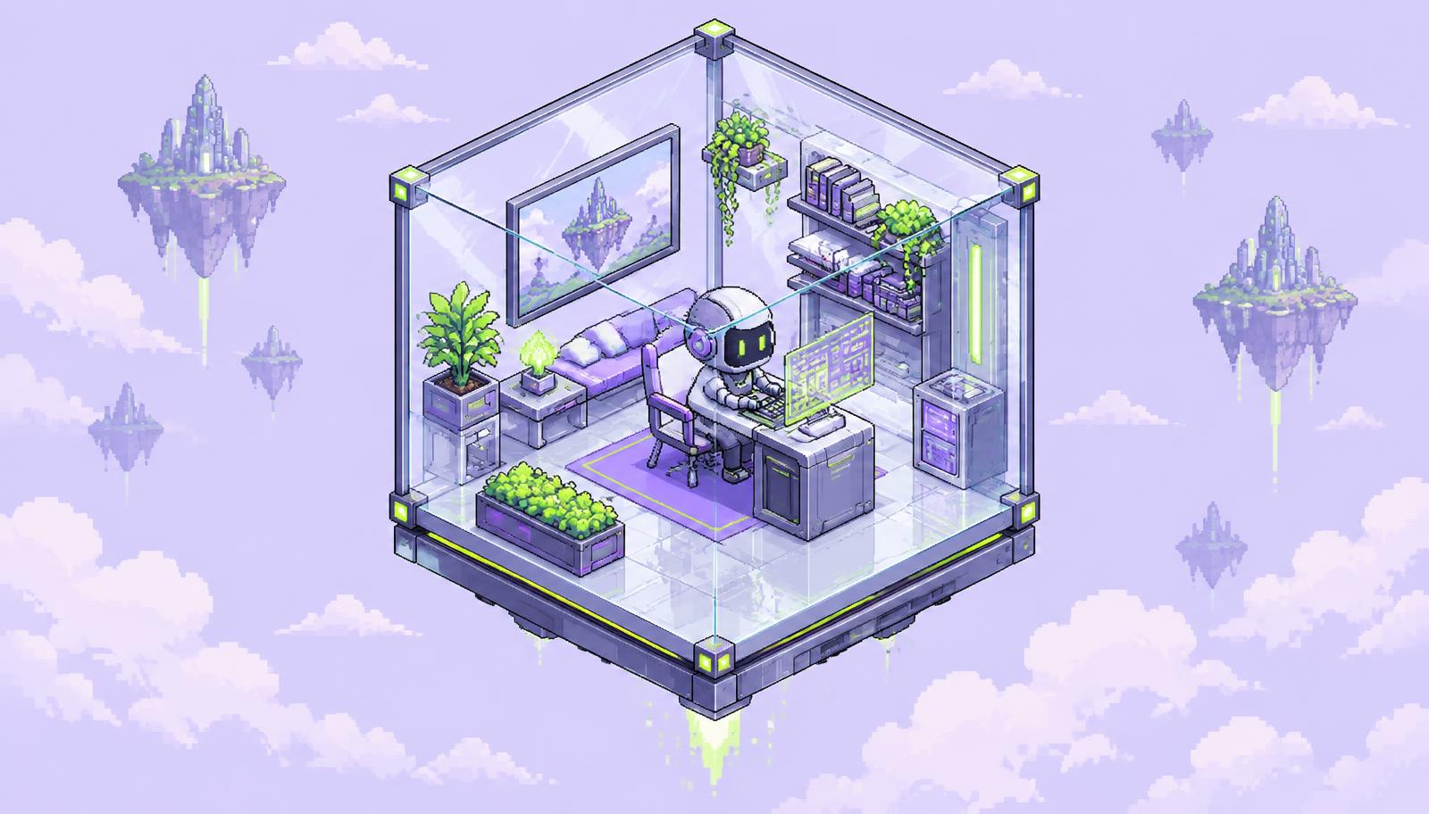 Isometric illustration of an agent workspace inside a transparent sandbox